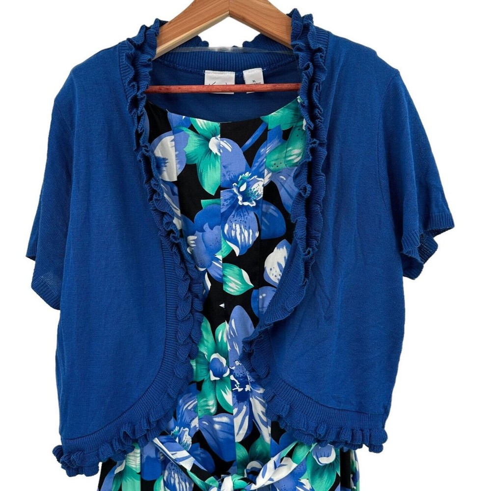 Kim Rogers Dress with Shrug Size XL Midi Blue Floral Midi Career Cotton Stretch - Picture 2 of 10